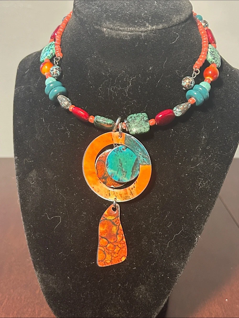 Vibrant Orange & Turquoise Mixed Bead Pendant Necklace